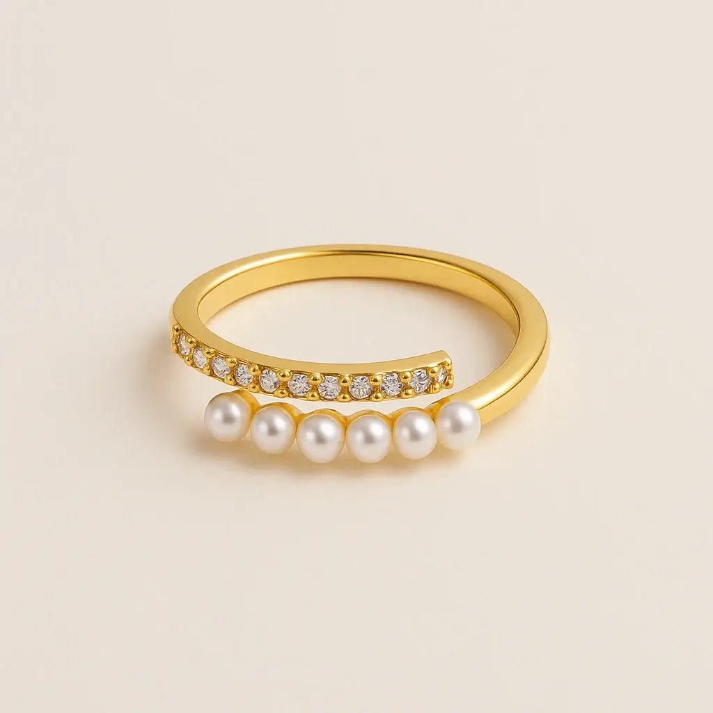 Pearl Pavé Bloom Gold‑Plated 925 Silver Open Ring - Alymwndw