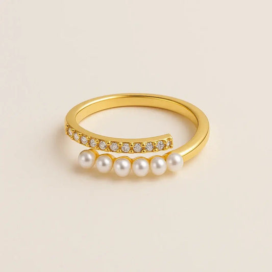 Pearl Pavé Bloom Gold‑Plated 925 Silver Open Ring - Alymwndw