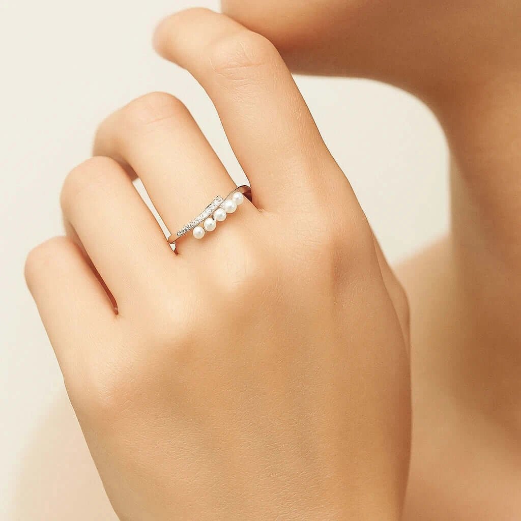 Pearl Pavé Bloom Gold‑Plated 925 Silver Open Ring - Alymwndw