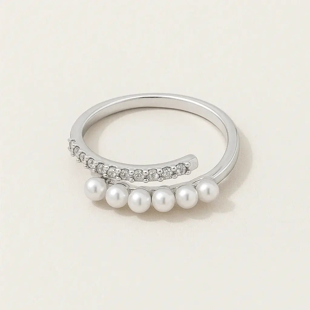 Pearl Pavé Bloom Gold‑Plated 925 Silver Open Ring - Alymwndw