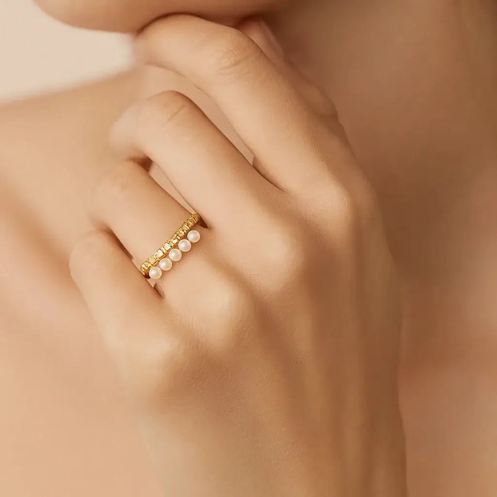 Pearl Pavé Bloom Gold‑Plated 925 Silver Open Ring - Alymwndw