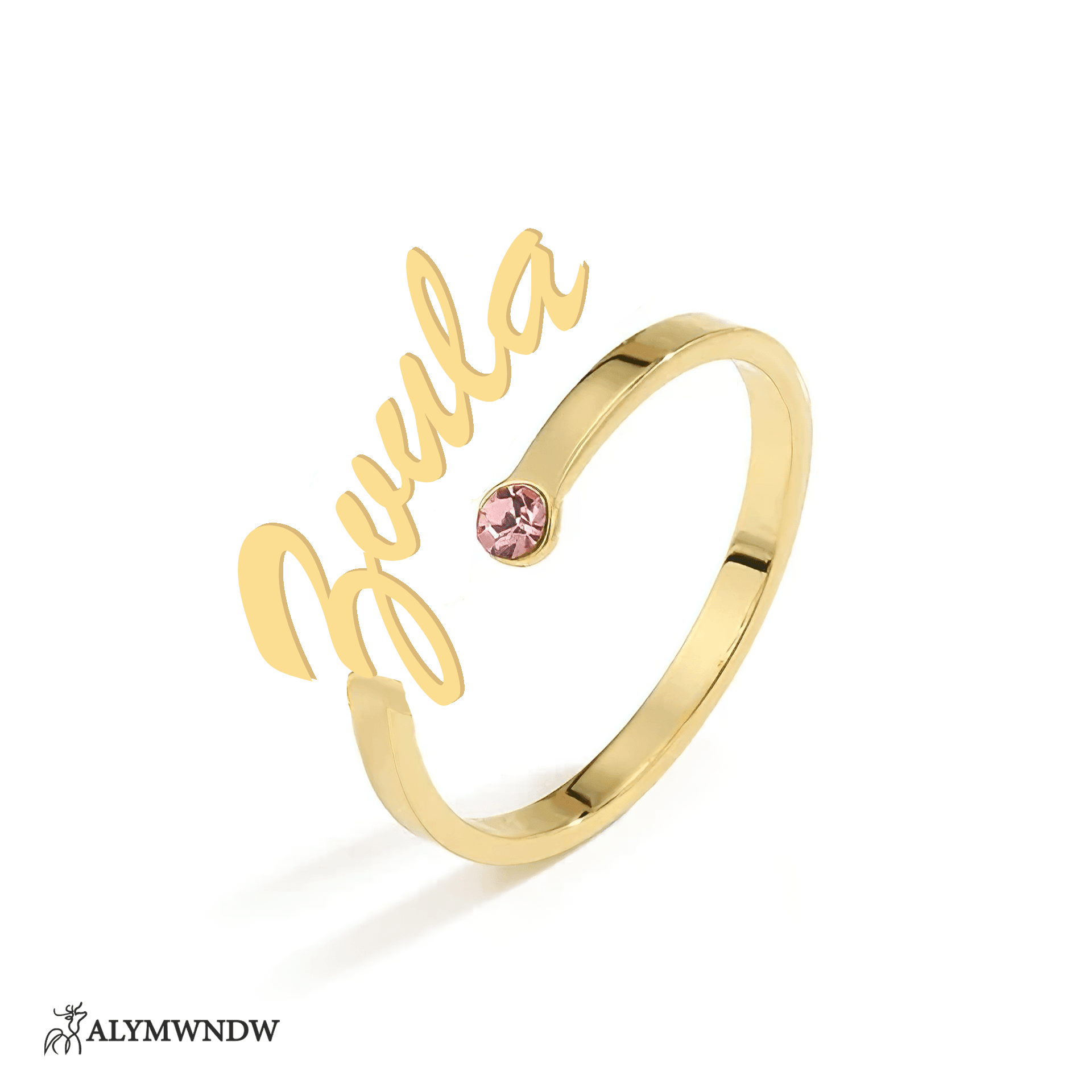 Personalized Name Ring with Stone in Gold (18K/21K/22K) – Custom Birthstone Ring - Alymwndw