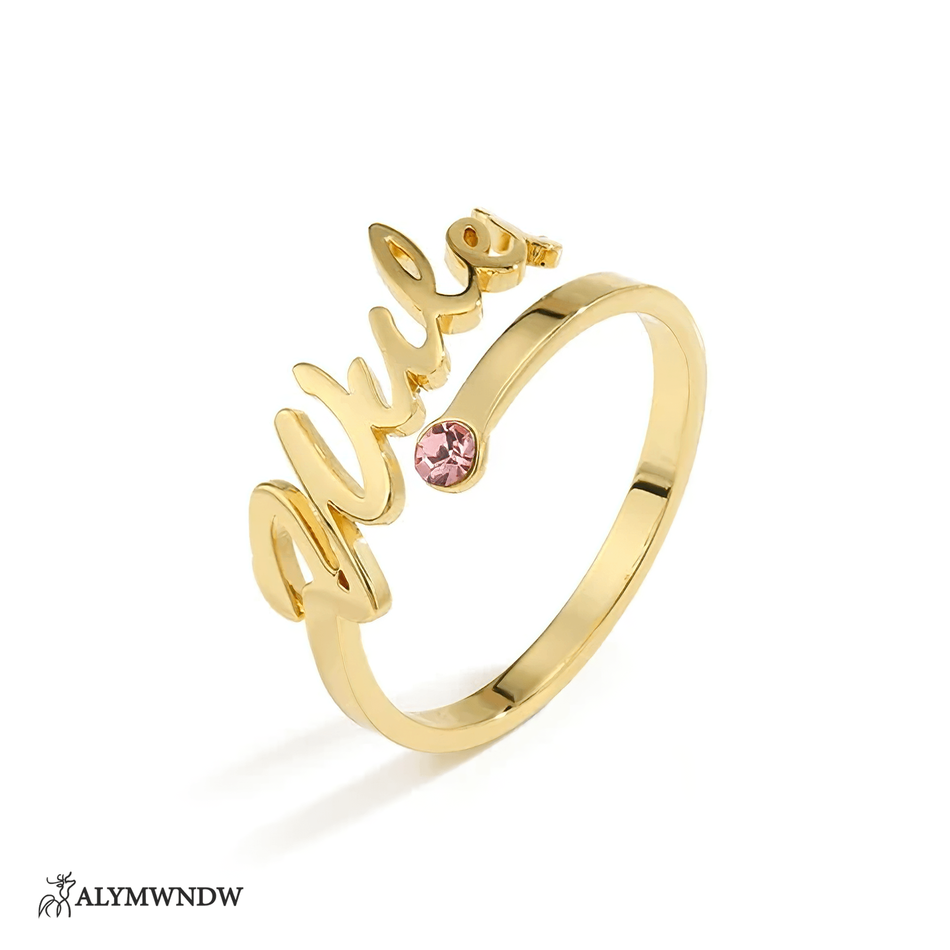 Personalized Name Ring with Stone in Gold (18K/21K/22K) – Custom Birthstone Ring - Alymwndw