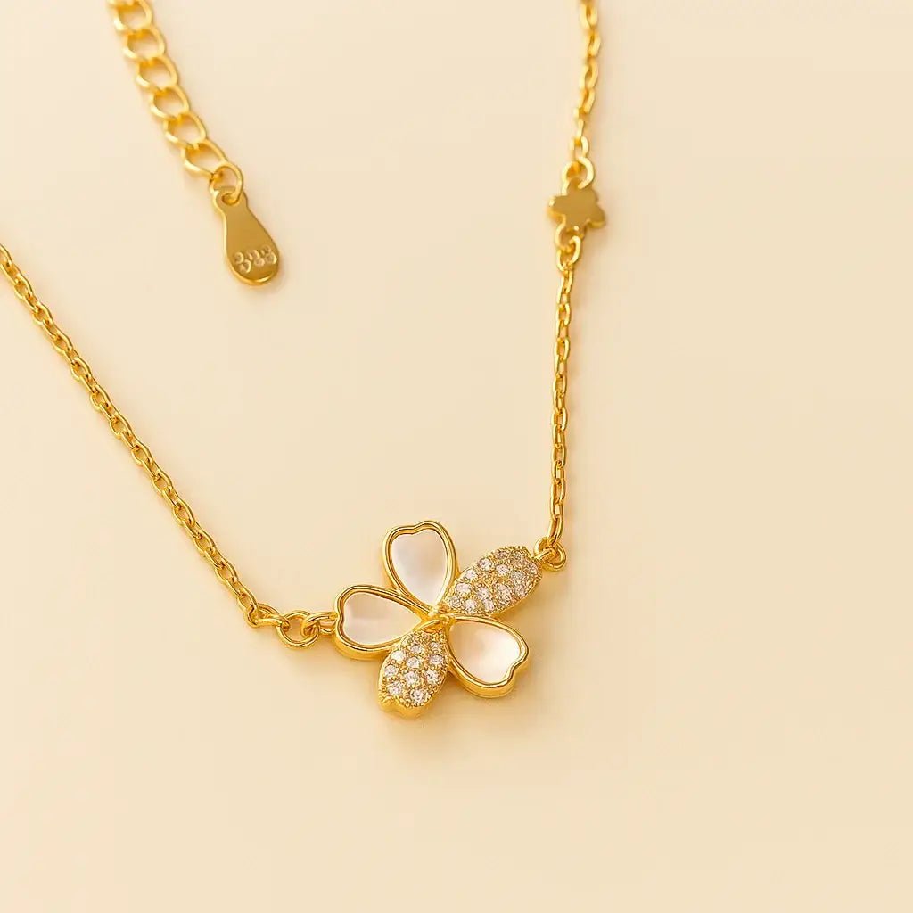 Petal Aura Gold-Plated Necklace featuring a flower pendant with mother-of-pearl and pavé cubic zirconia.