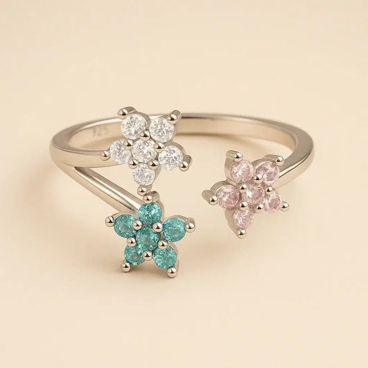 Petal Bloom Ring – 925 Silver Multicolor CZ Flower Cluster - Alymwndw