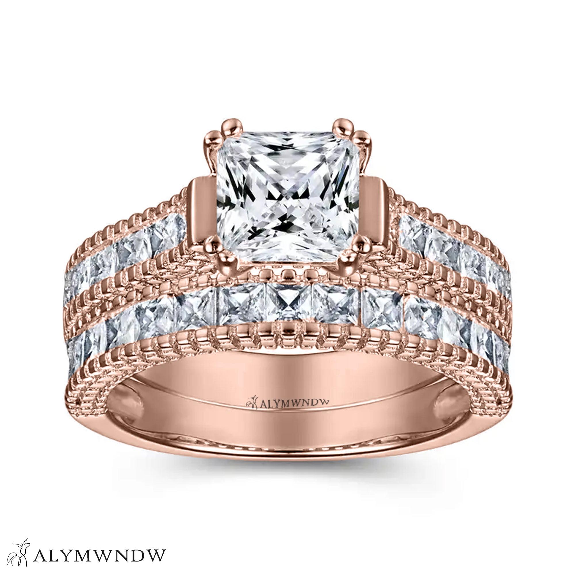 Princess Cut Engagement Ring Set – Double Band Luxury Design - Alymwndw
