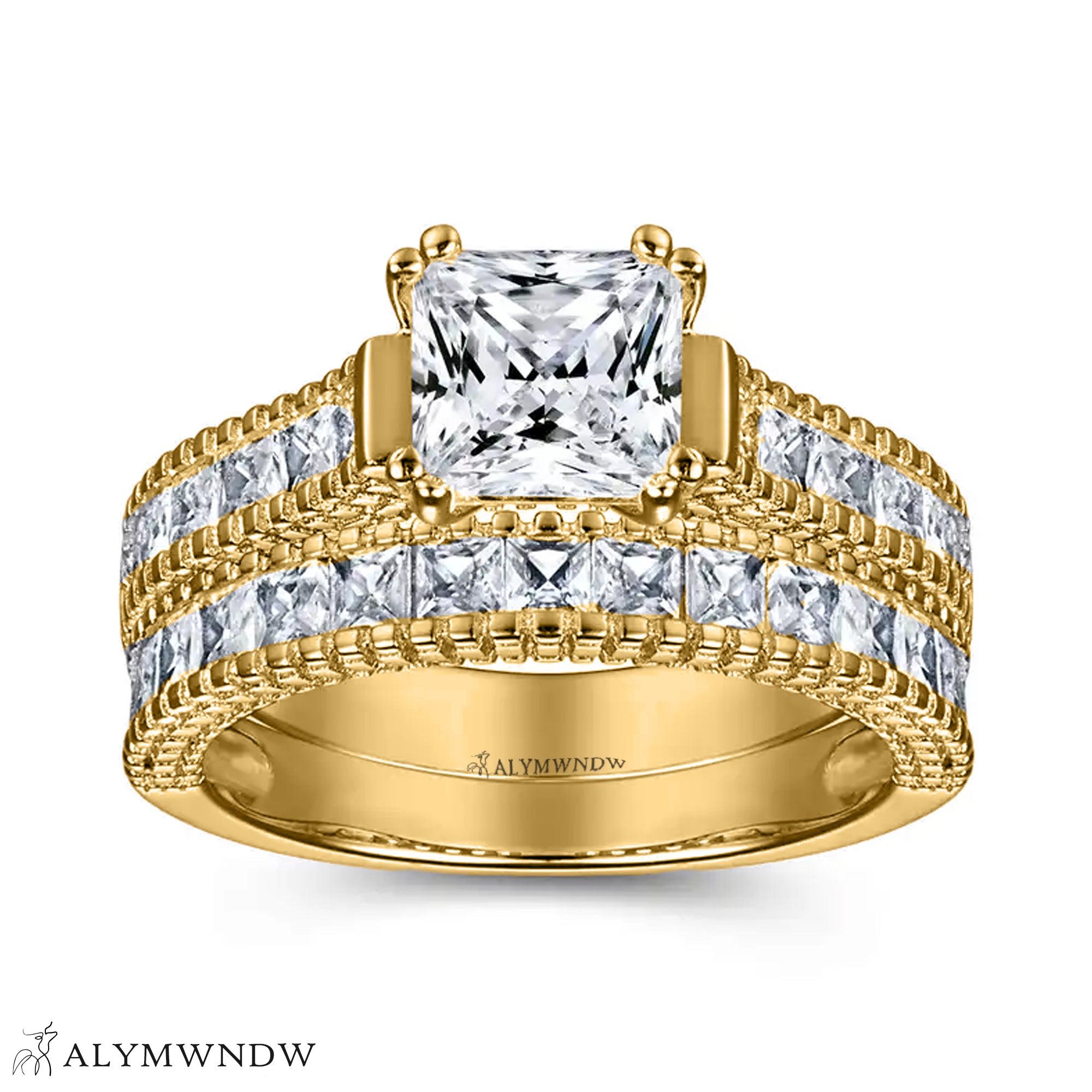 Princess Cut Engagement Ring Set – Double Band Luxury Design - Alymwndw