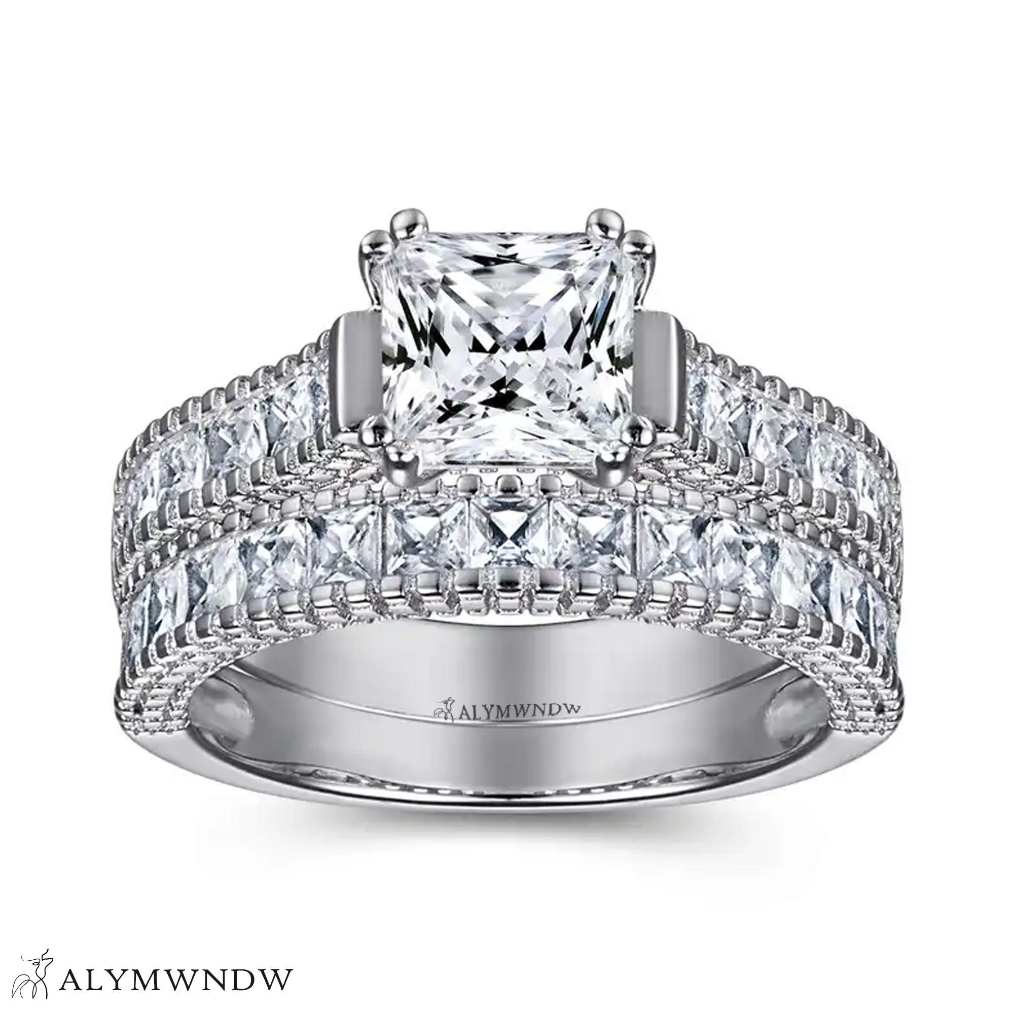 Princess Cut Engagement Ring Set – Double Band Luxury Design - Alymwndw