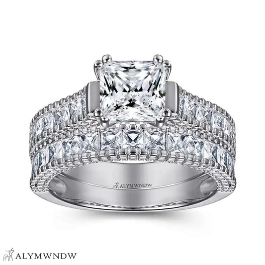 Princess Cut Engagement Ring Set – Double Band Luxury Design - Alymwndw