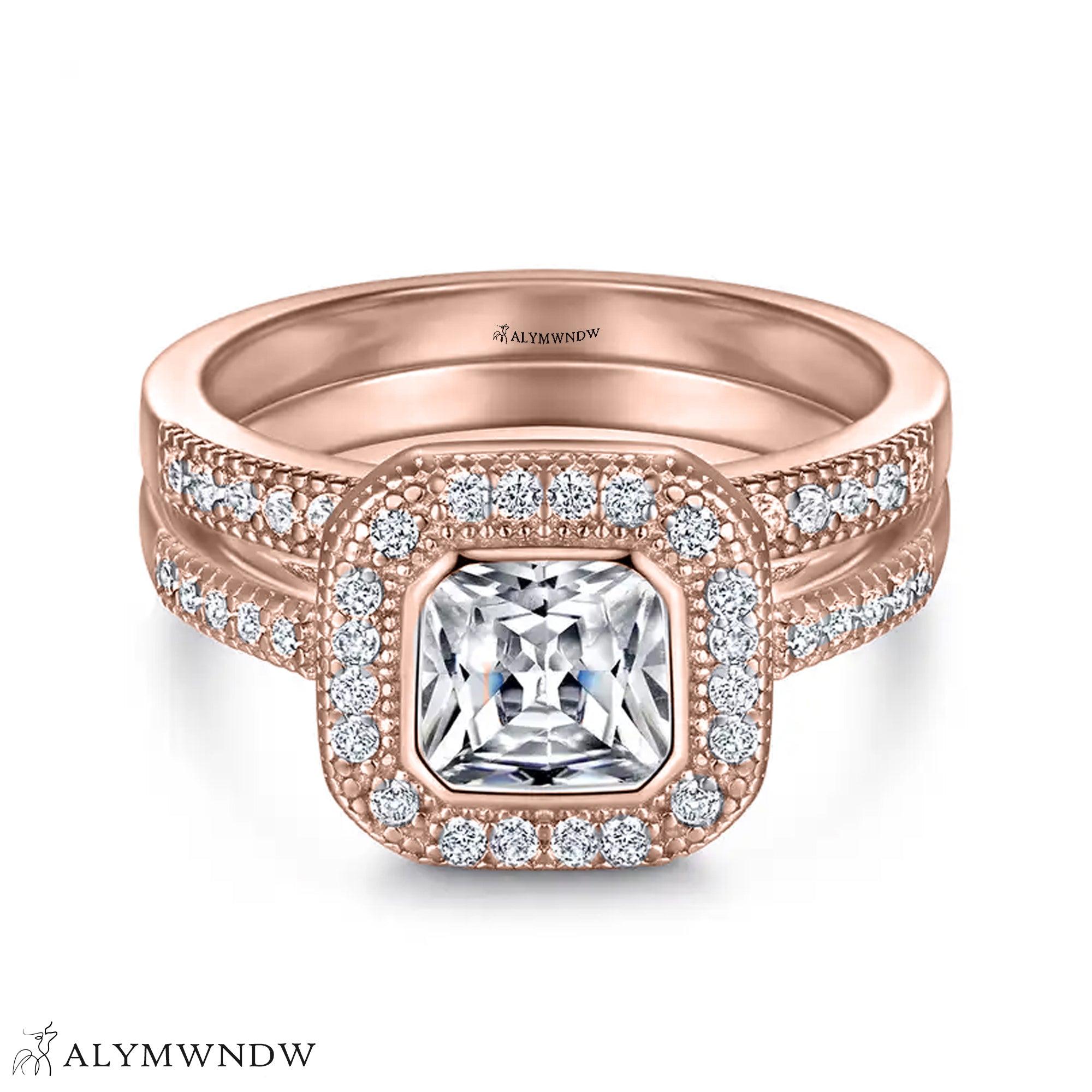 Princess Cut Halo Engagement Ring Set – Double Band Design - Alymwndw