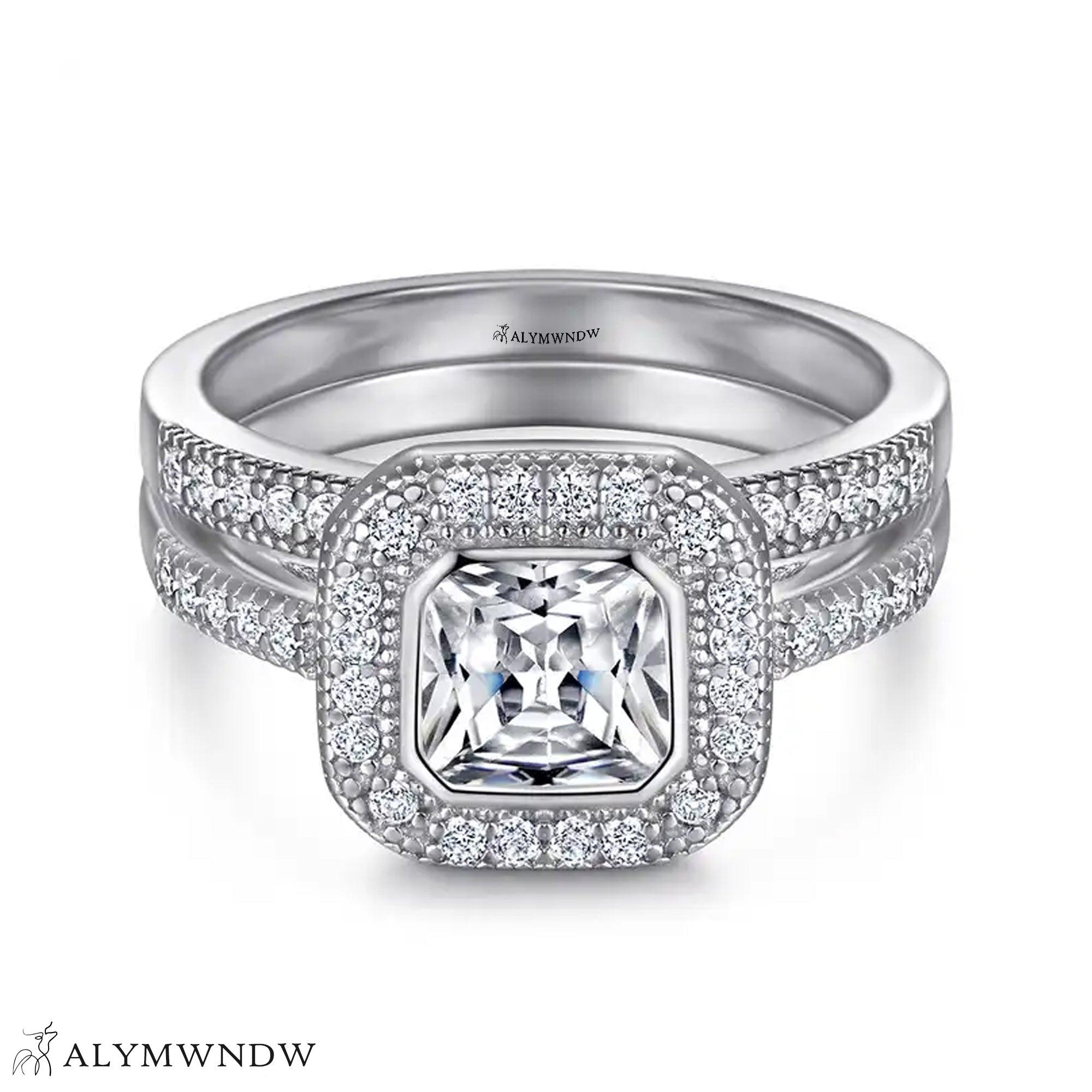 Princess Cut Halo Engagement Ring Set – Double Band Design - Alymwndw