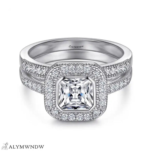 Princess Cut Halo Engagement Ring Set – Double Band Design - Alymwndw
