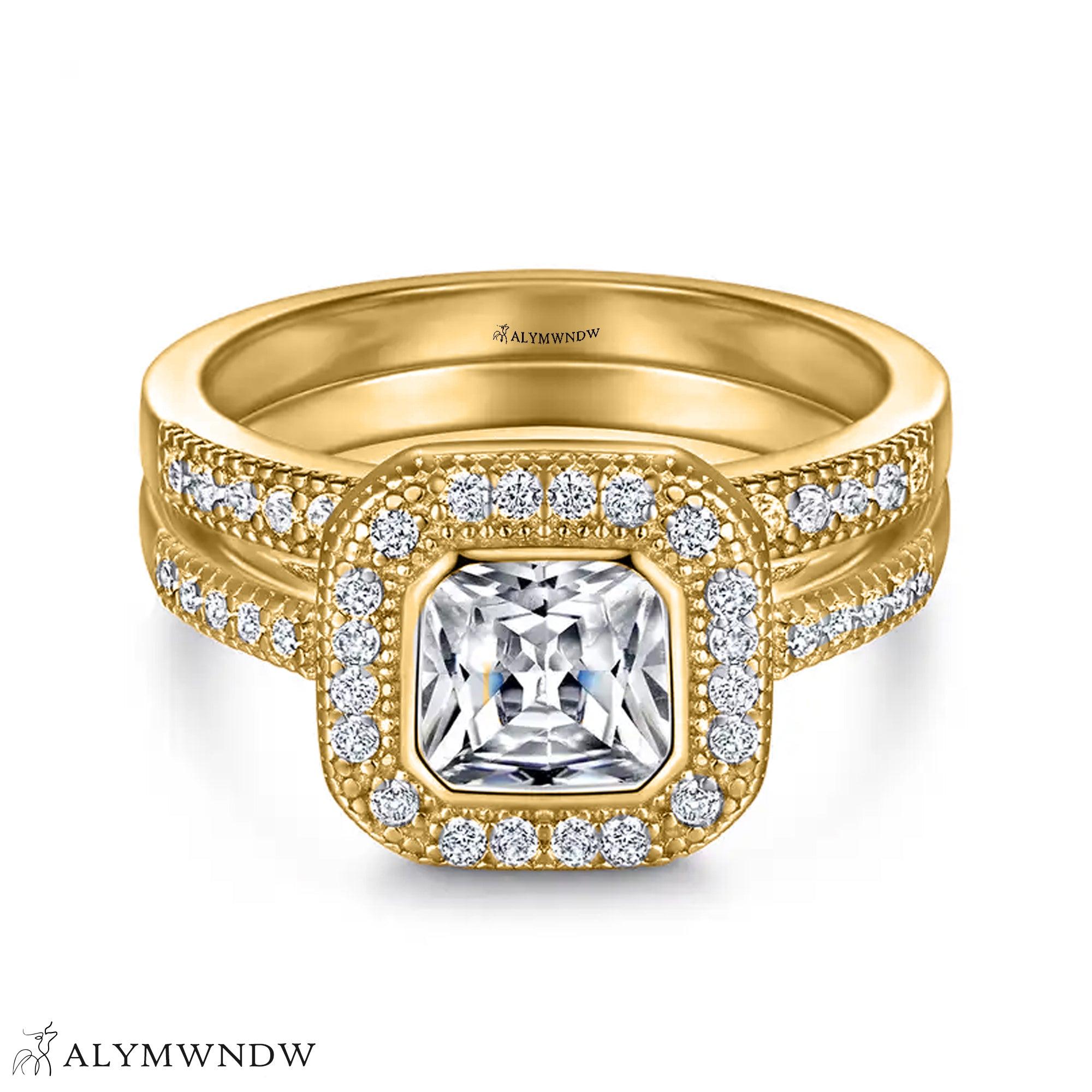 Princess Cut Halo Engagement Ring Set – Double Band Design - Alymwndw