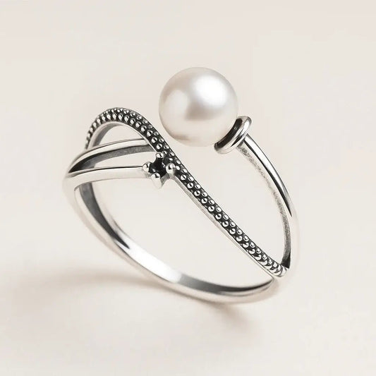 Radiant Layers Adjustable Pearl & CZ Ring – 925 Silver Statement - Alymwndw