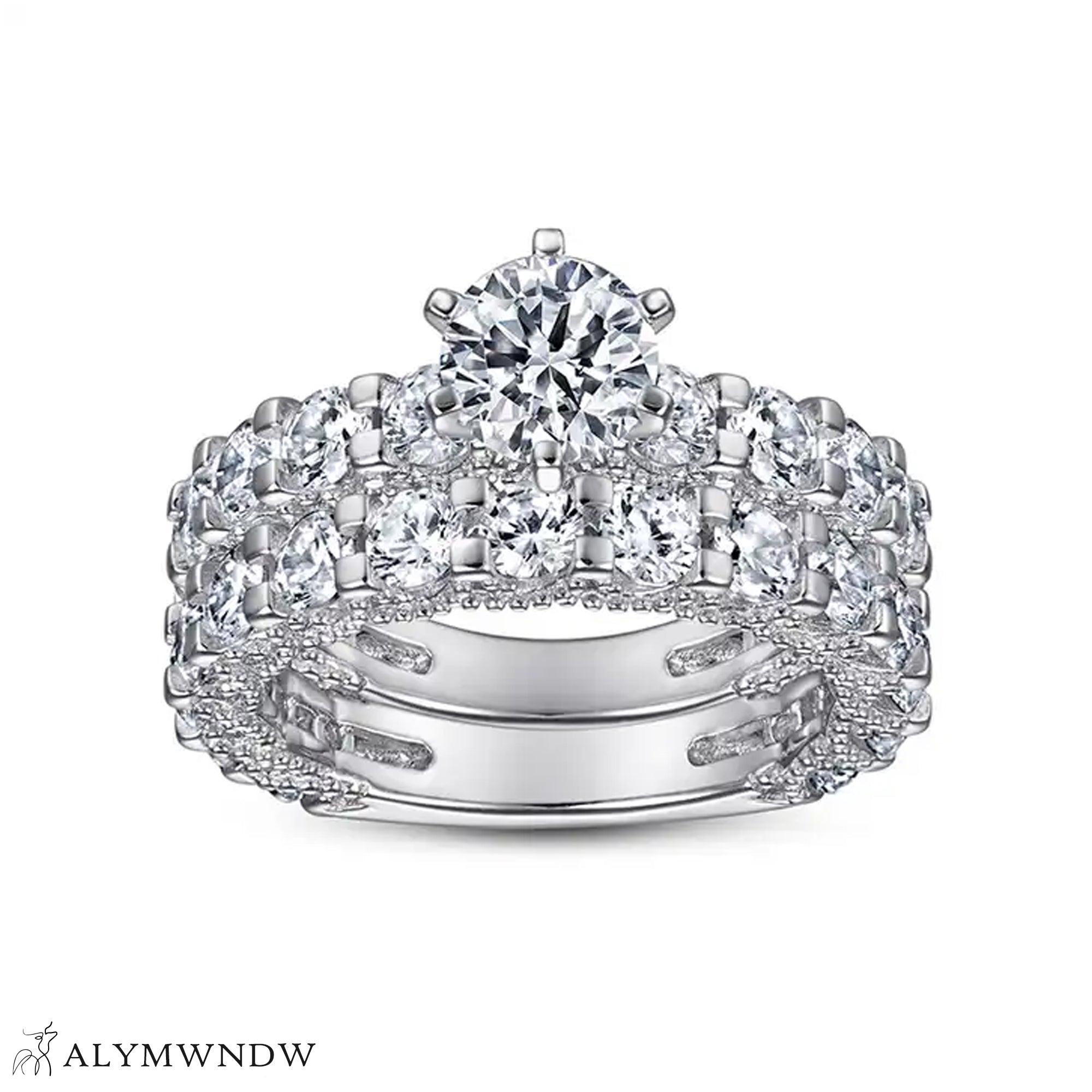 Round Engagement Ring Set – Multi Row Pavé Luxury Design - Alymwndw