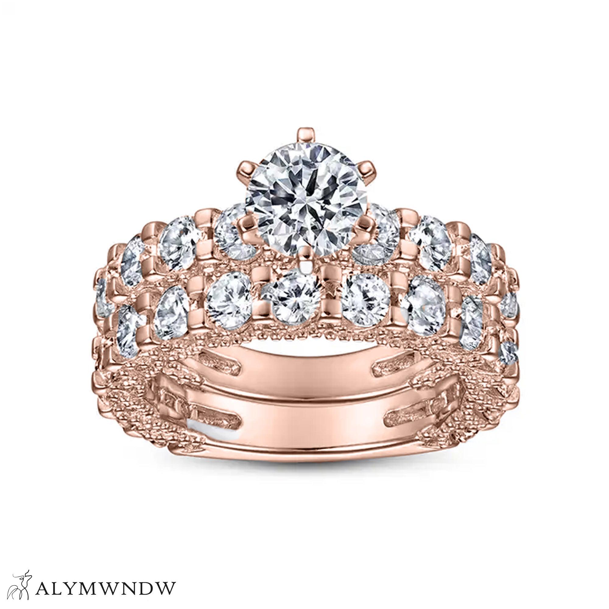 Round Engagement Ring Set – Multi Row Pavé Luxury Design - Alymwndw