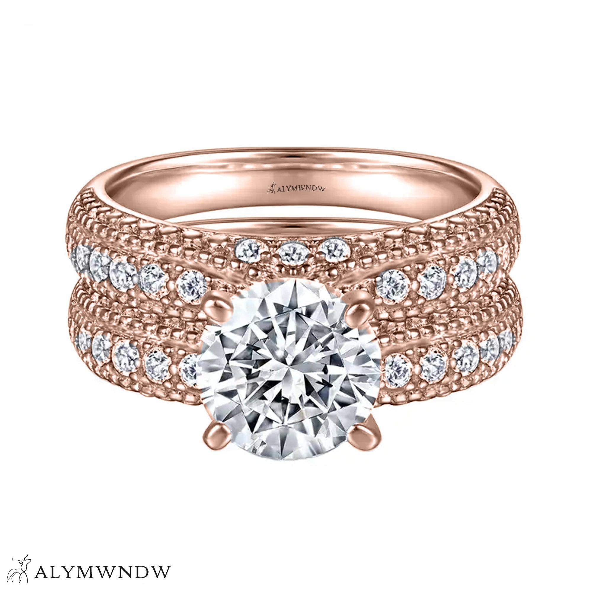 Round Engagement Ring Set – Triple Band Pavé Design - Alymwndw