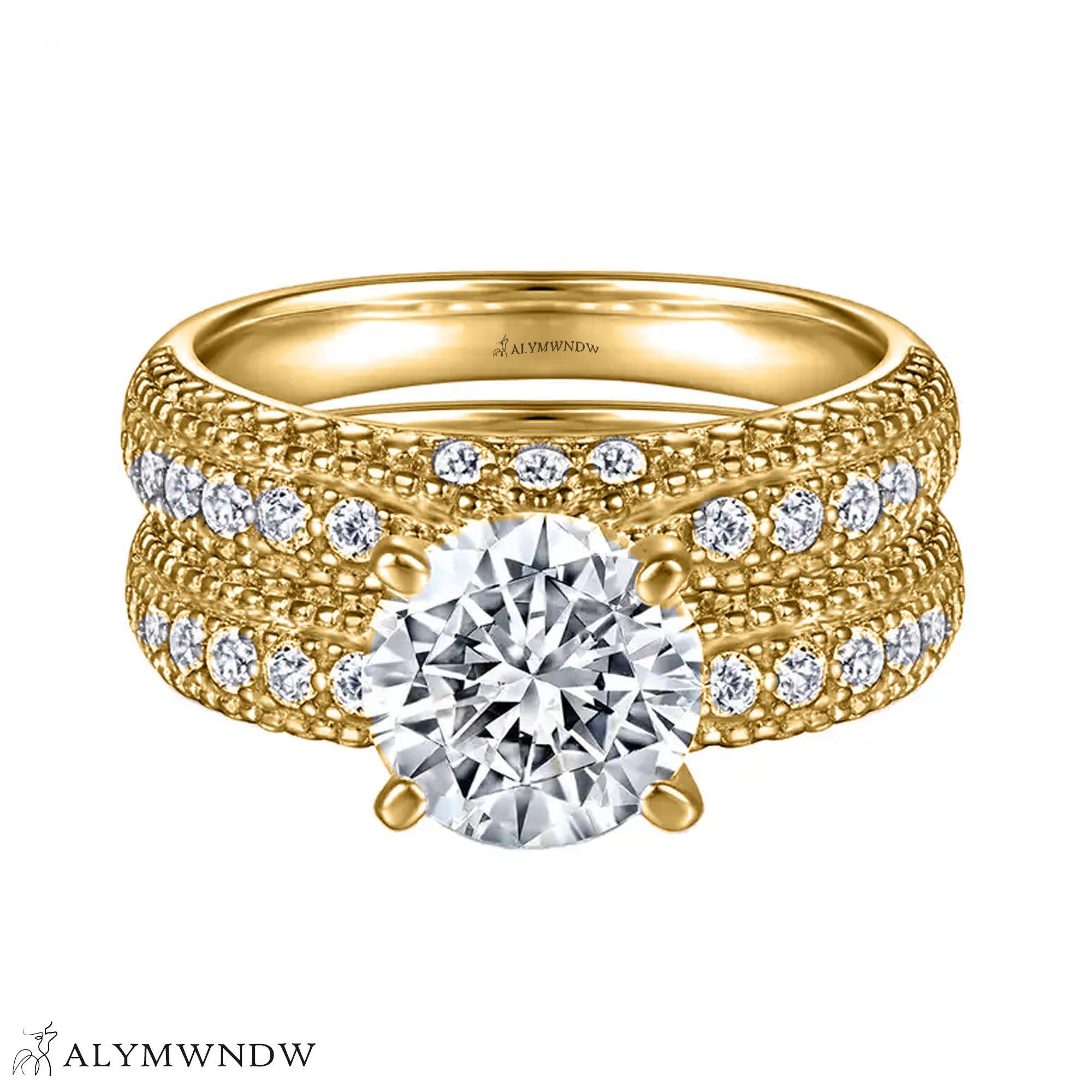 Round Engagement Ring Set – Triple Band Pavé Design - Alymwndw
