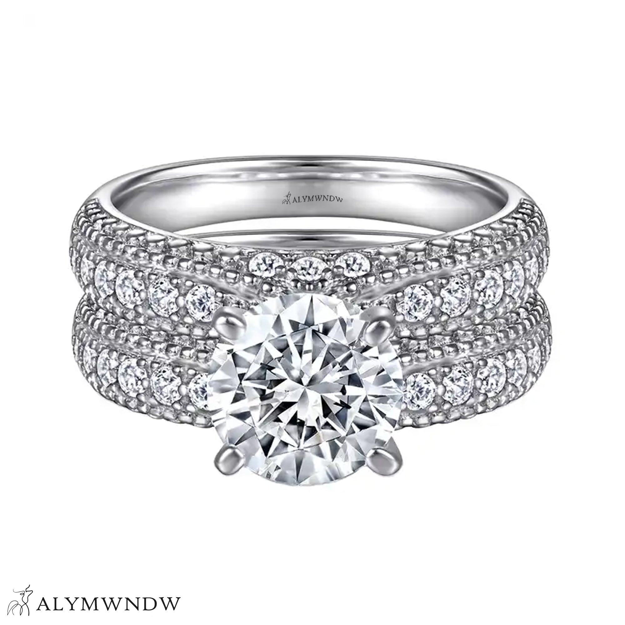 Round Engagement Ring Set – Triple Band Pavé Design - Alymwndw
