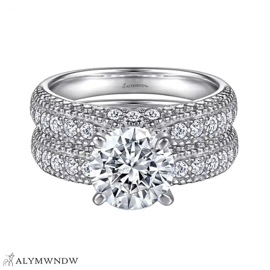 Round Engagement Ring Set – Triple Band Pavé Design - Alymwndw