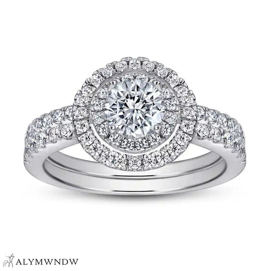 Round Halo Engagement Ring Set – Double Band Crown Design - Alymwndw