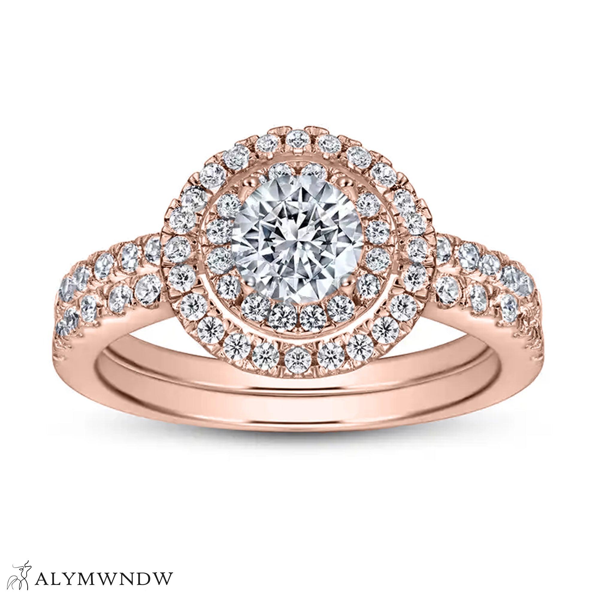 Round Halo Engagement Ring Set – Double Band Crown Design - Alymwndw