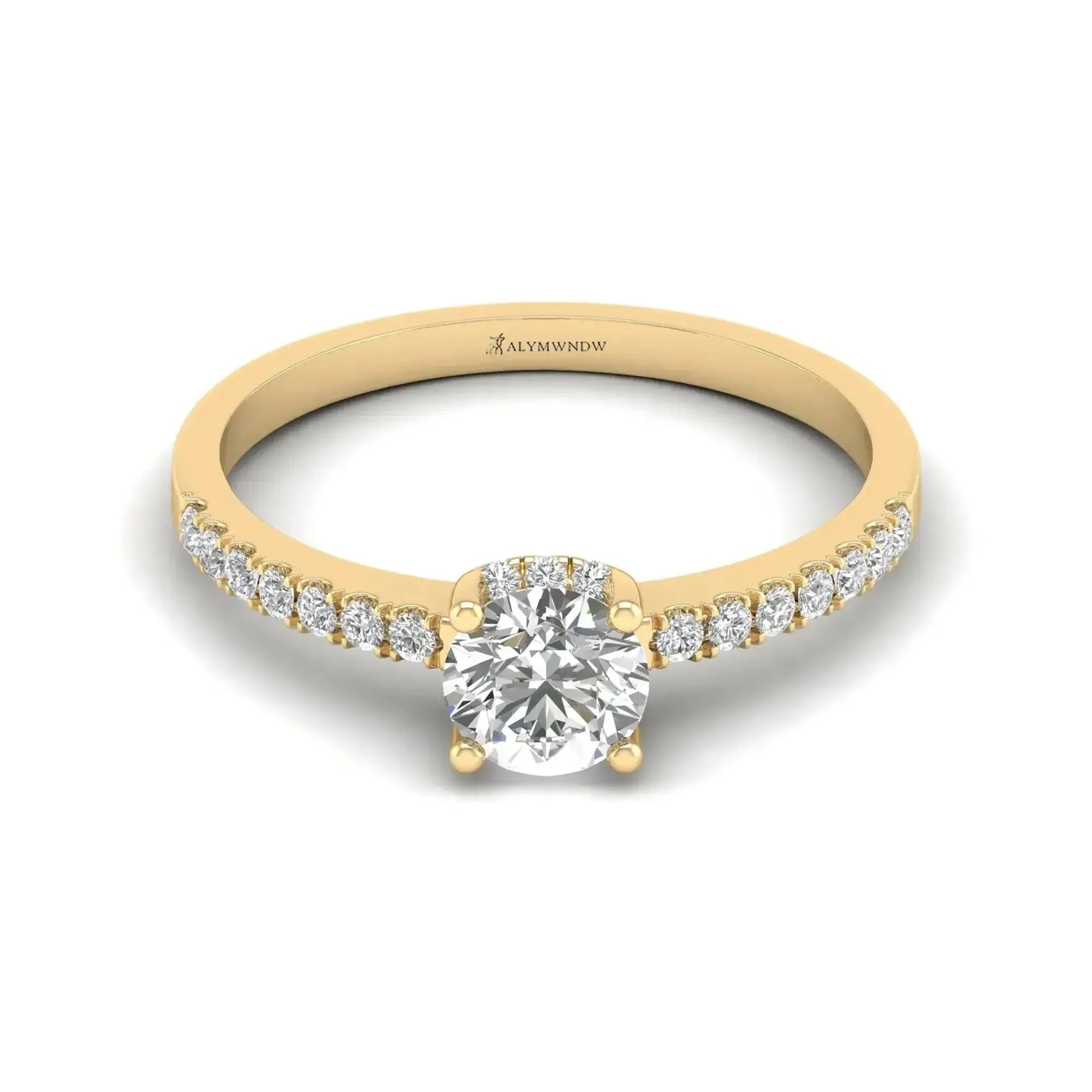 Alymwndw Jewellery GRA certified round moissanite ring with pavé-set band, featuring a brilliant solitaire center stone.