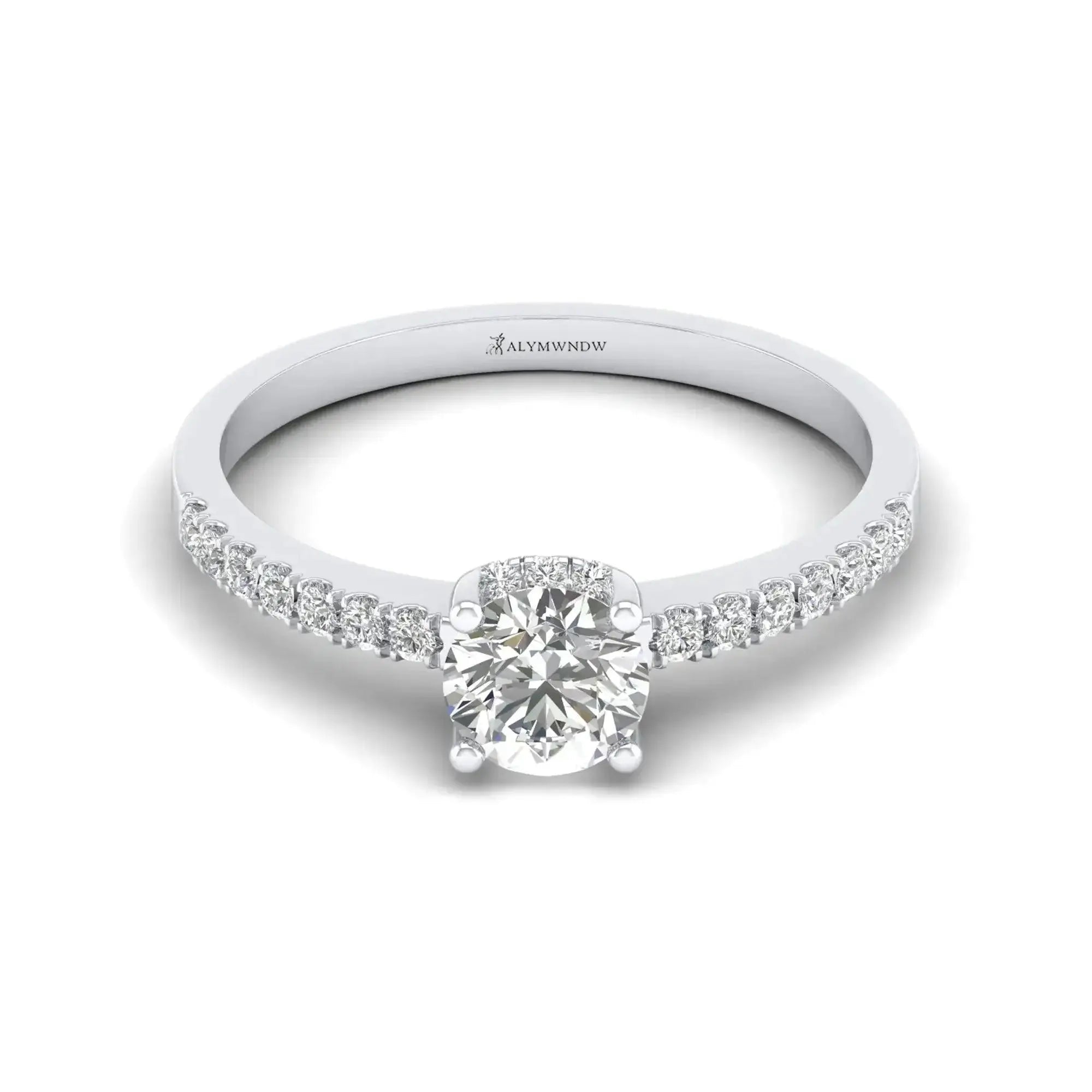 Alymwndw Jewellery GRA certified round moissanite ring with pavé-set band and solitaire design.