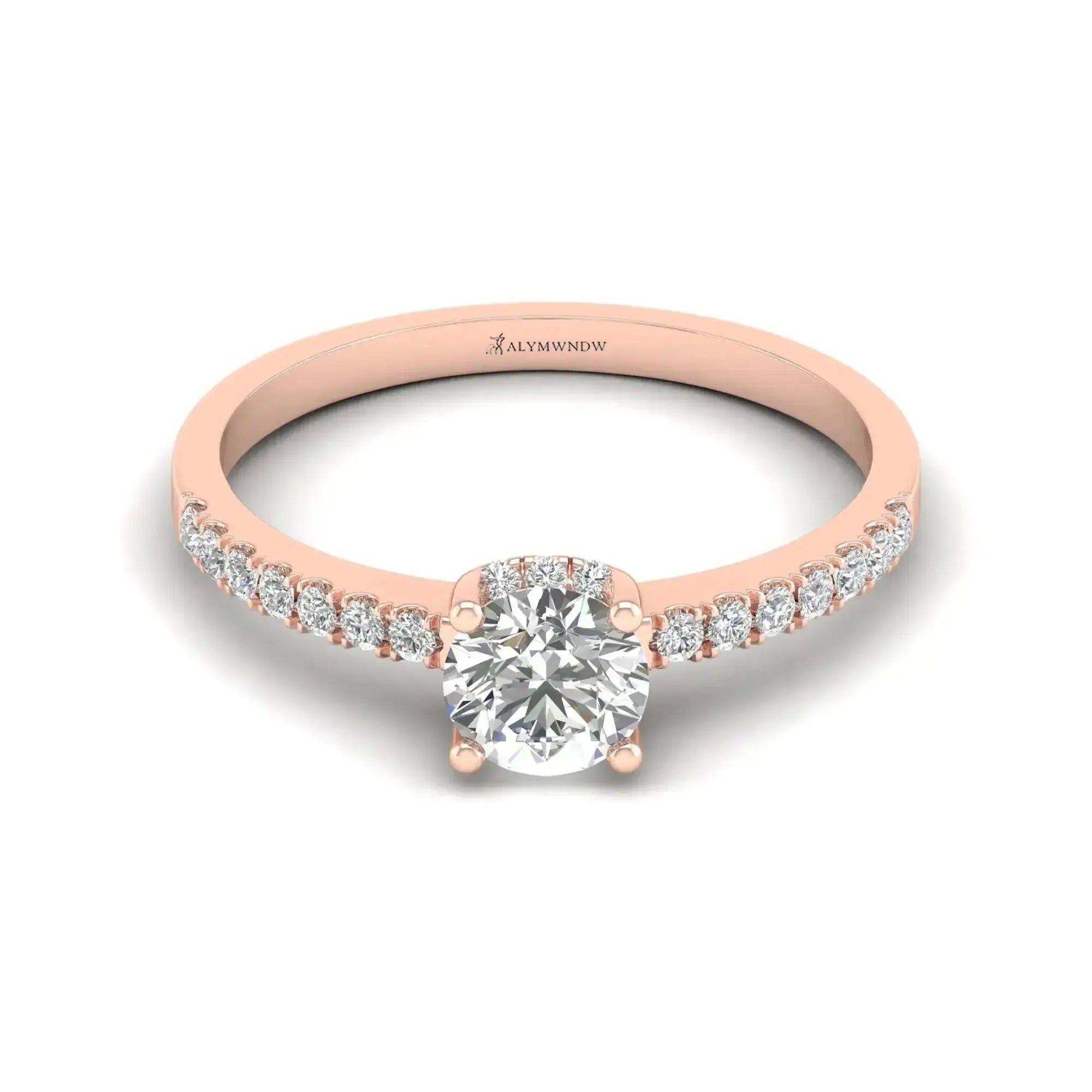 GRA certified round moissanite ring featuring a classic solitaire stone with a pavé-set band for timeless elegance.