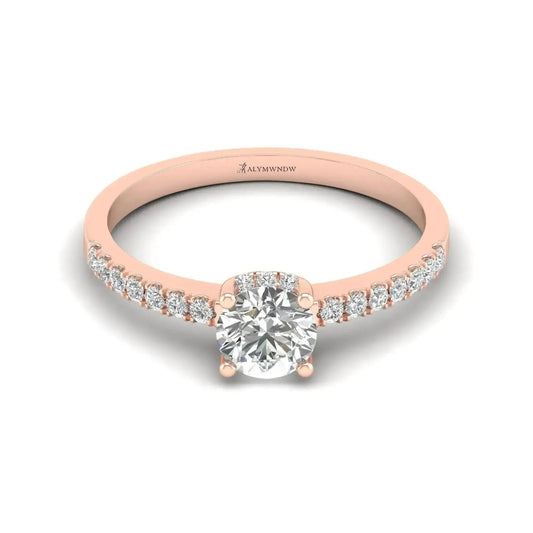GRA certified round moissanite ring featuring a classic solitaire stone with a pavé-set band for timeless elegance.