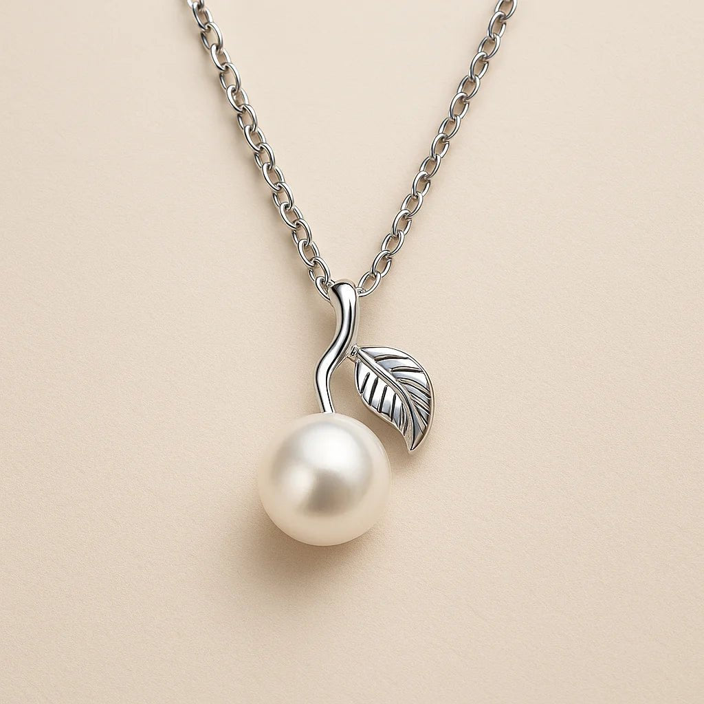 Serene Leaf – Freshwater Pearl Necklace in 925 Silver - Alymwndw