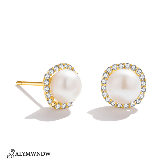 Shimmering Pearl Earrings – Elegant Halo Stud Design - Alymwndw