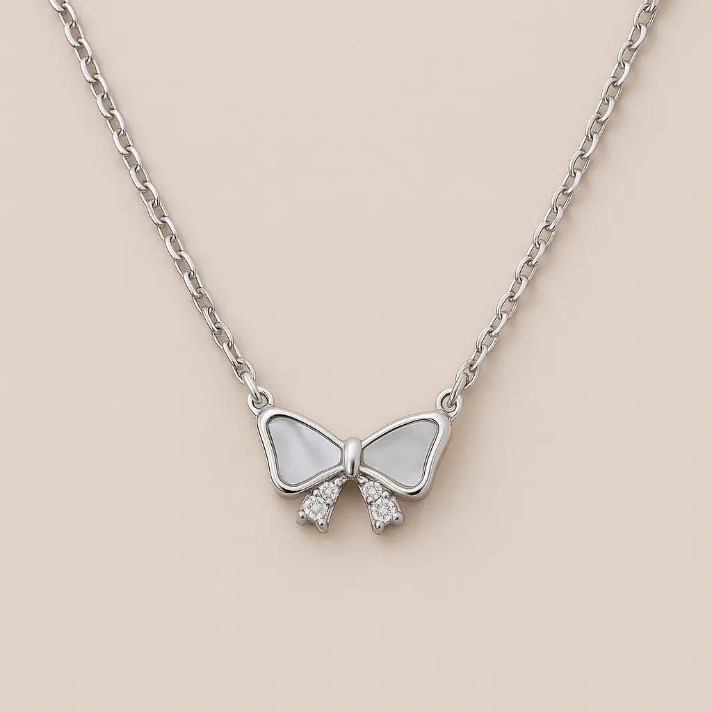 Silver Bow Necklace – 925 Silver with Mother‑of‑Pearl Accent - Alymwndw