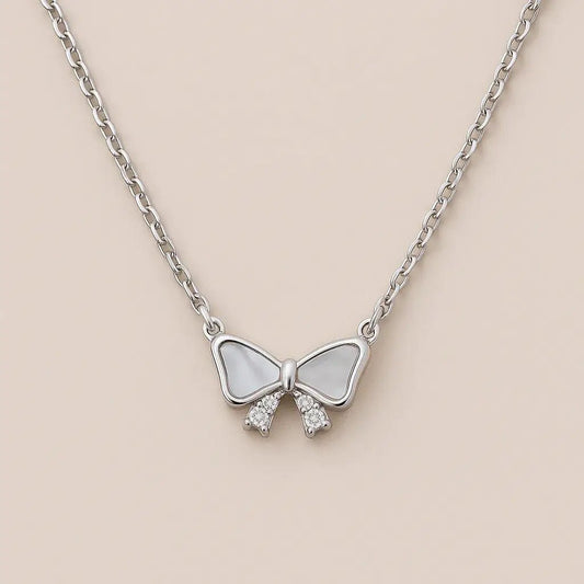 Silver Bow Necklace – 925 Silver with Mother‑of‑Pearl Accent - Alymwndw