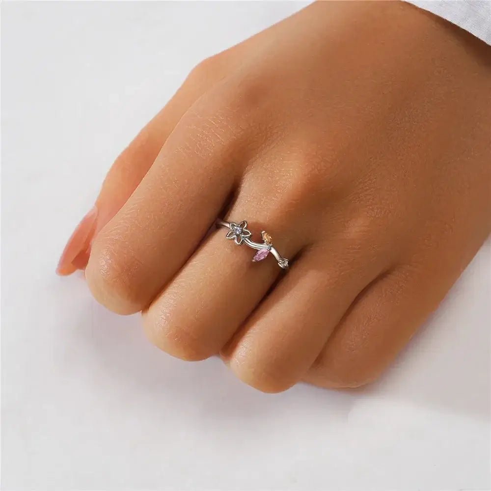 Silver Flower Ring – 925 Adjustable Open Ring - Alymwndw
