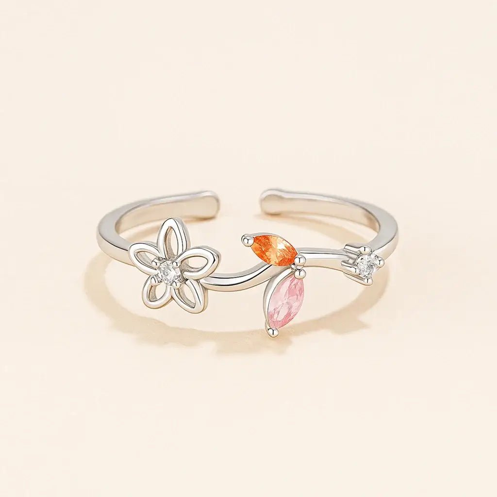 Silver Flower Ring – 925 Adjustable Open Ring - Alymwndw