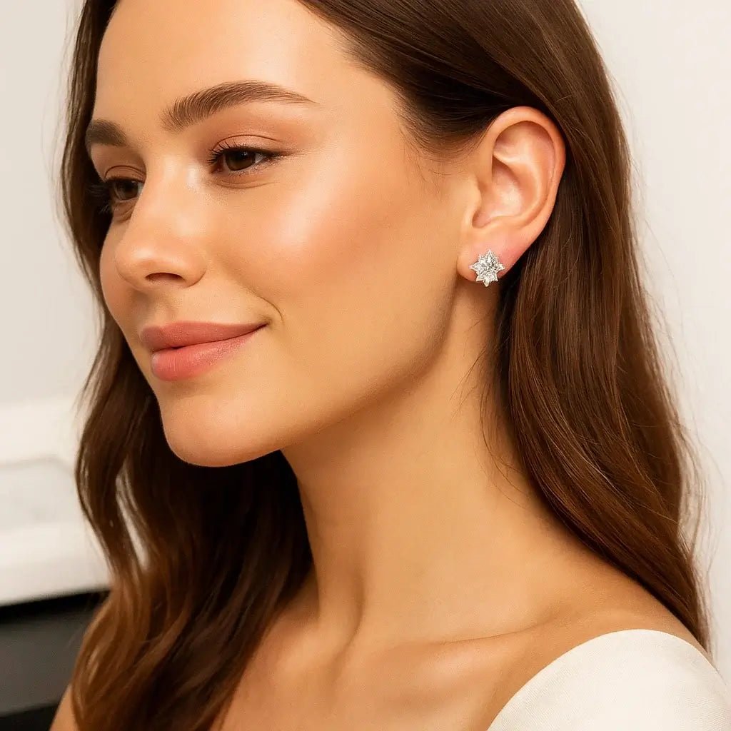 Snow Crystal Flower Stud Earrings – 925 Silver, Non‑Tarnish - Alymwndw