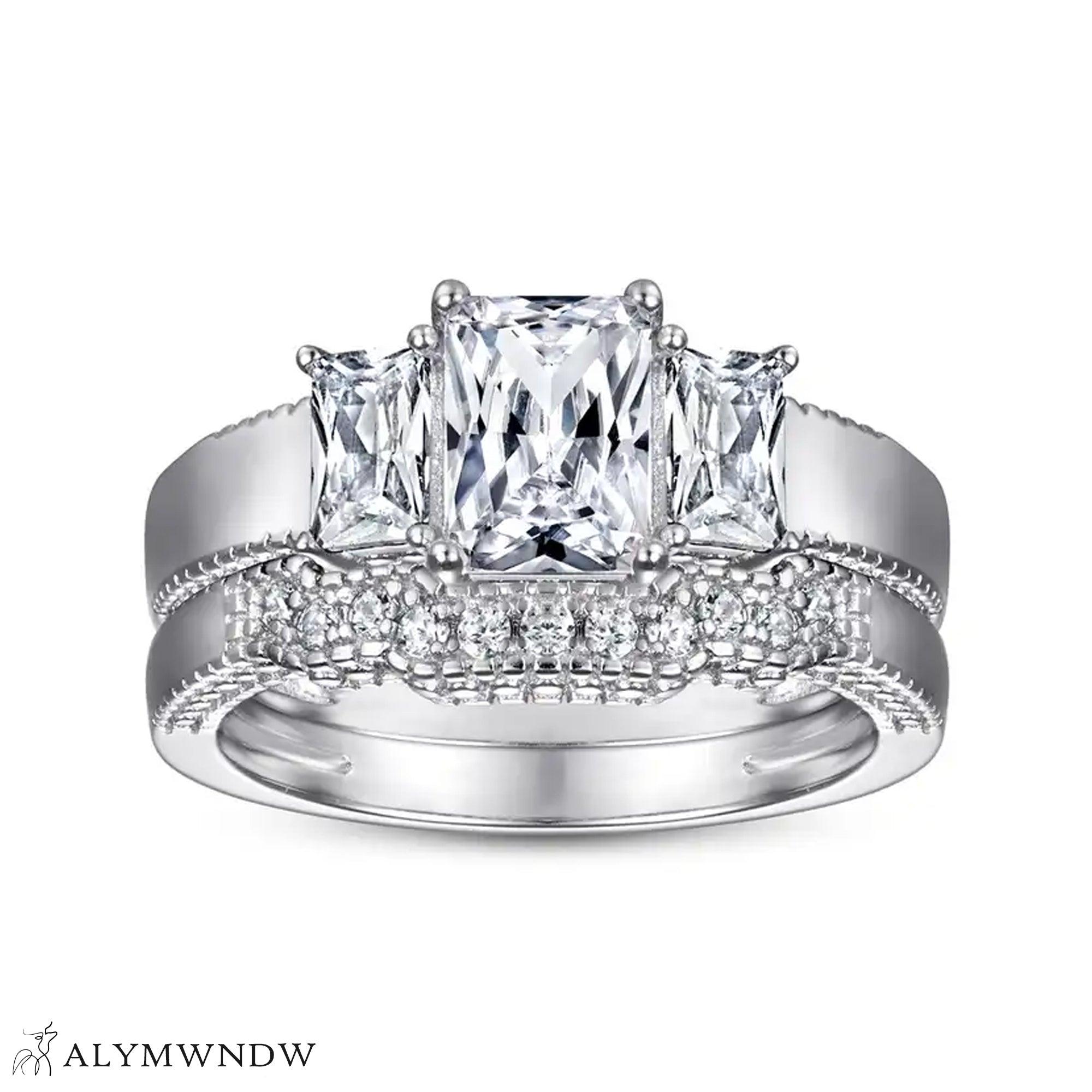 Three Stone Engagement Ring Set – Gold, Platinum & Silver - Alymwndw