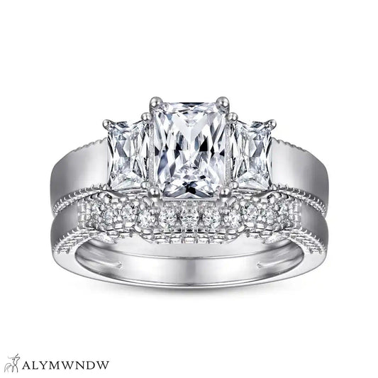 Three Stone Engagement Ring Set – Gold, Platinum & Silver - Alymwndw