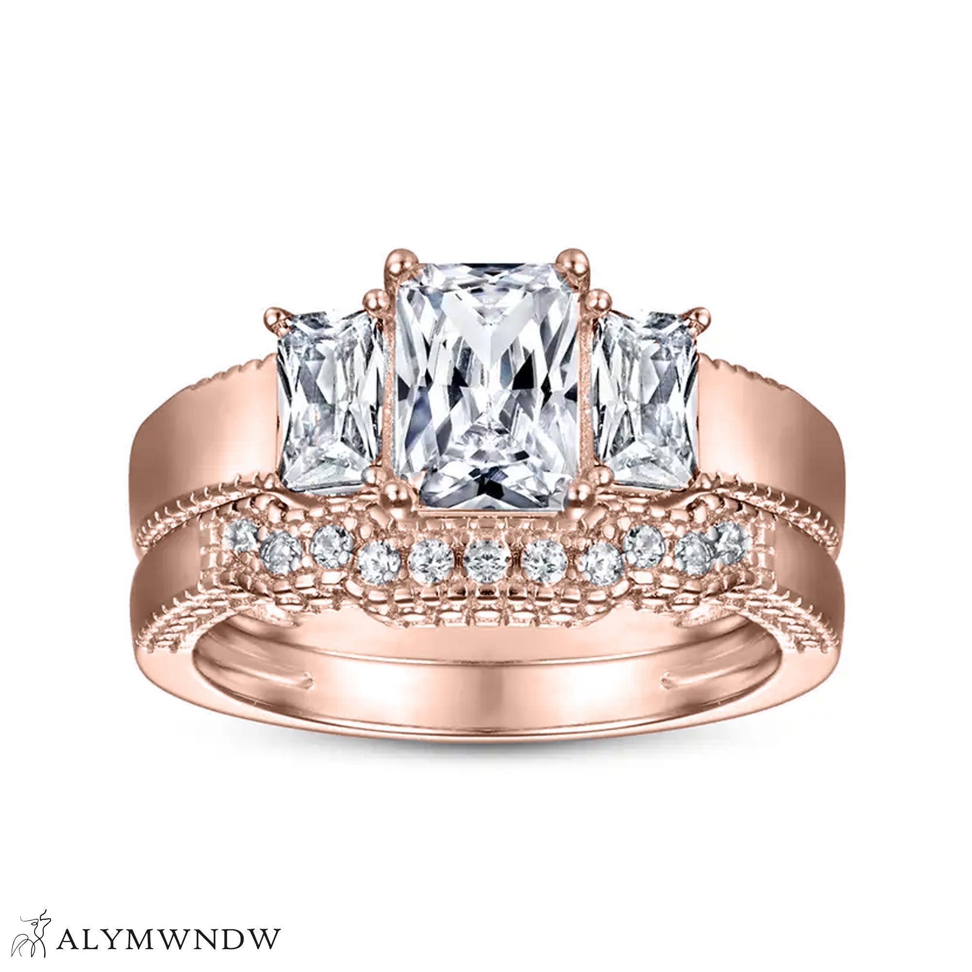 Three Stone Engagement Ring Set – Gold, Platinum & Silver - Alymwndw