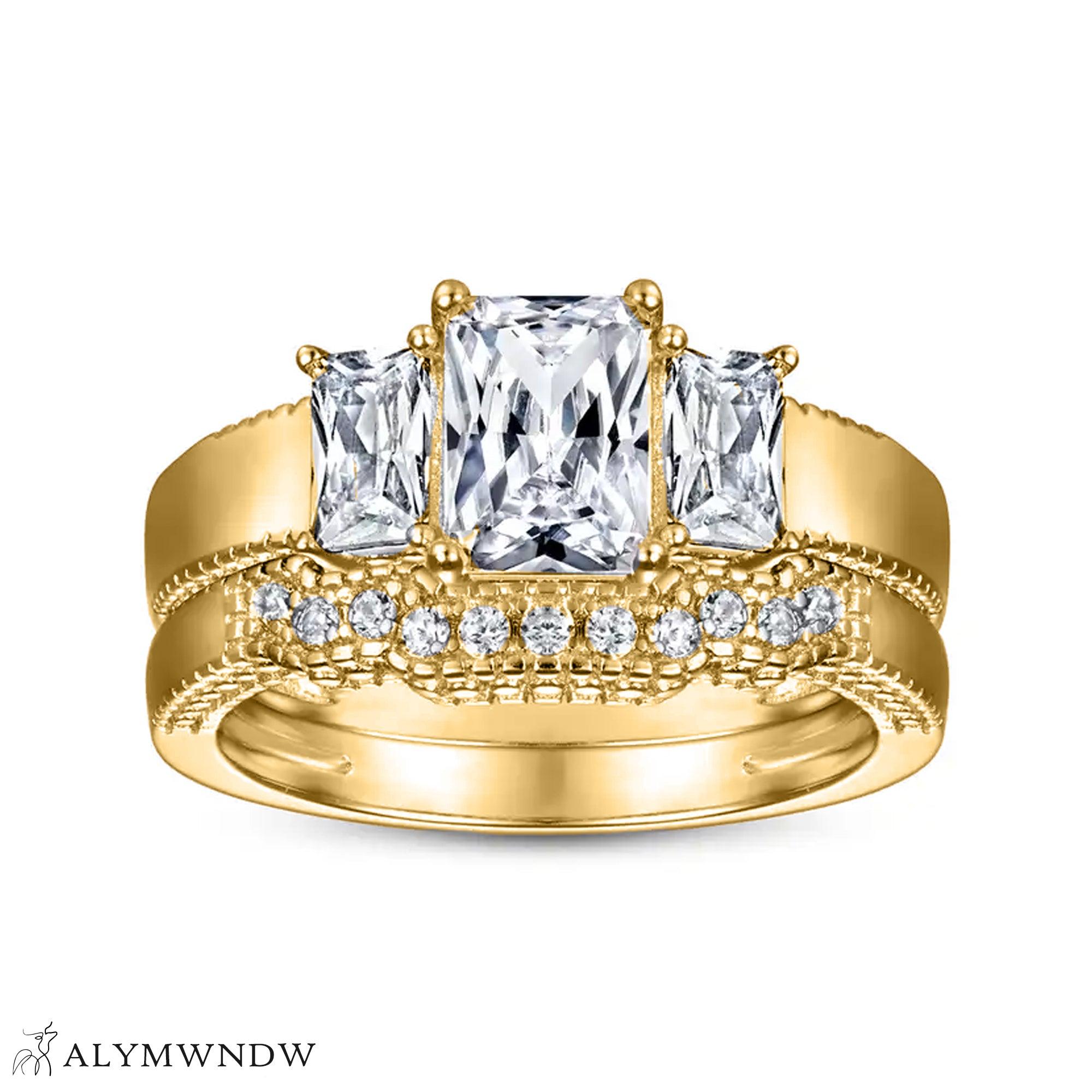 Three Stone Engagement Ring Set – Gold, Platinum & Silver - Alymwndw