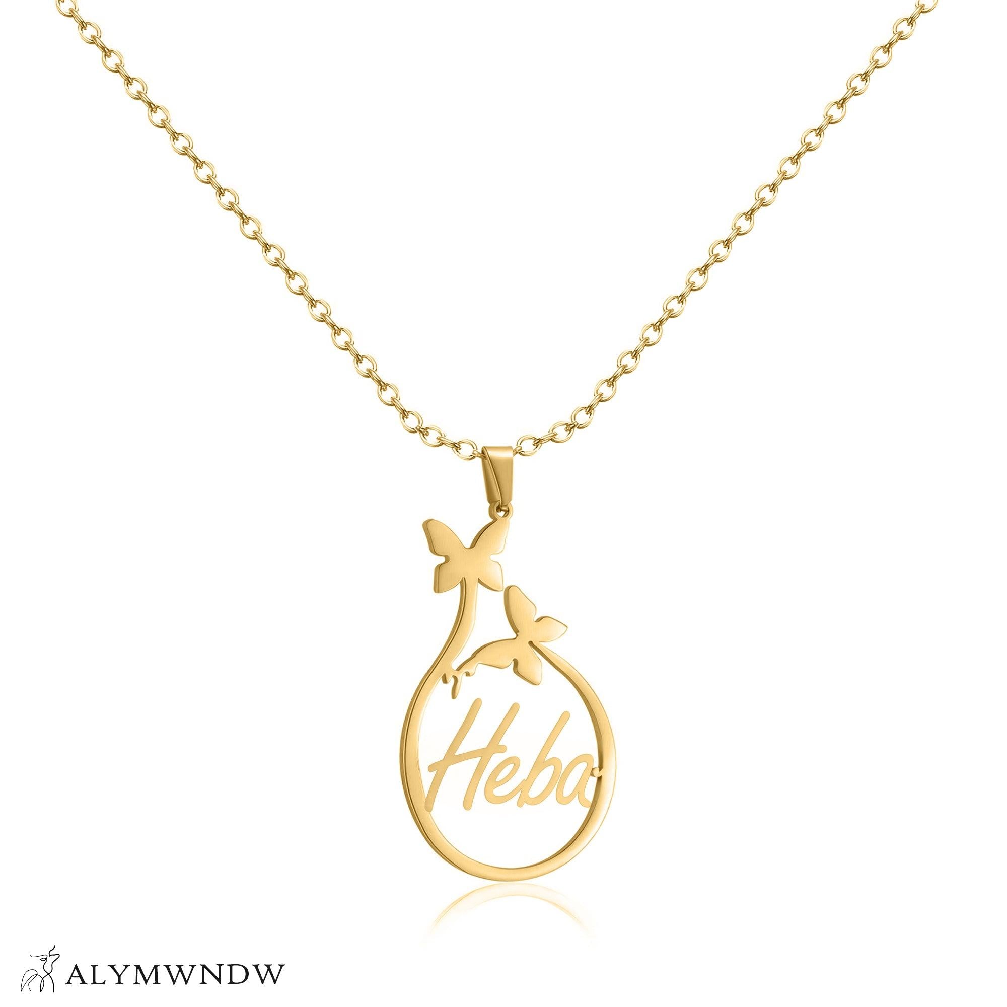 Custom Name Necklace with Circle Pendant & Butterfly – Personalized Gold Jewelry - Alymwndw