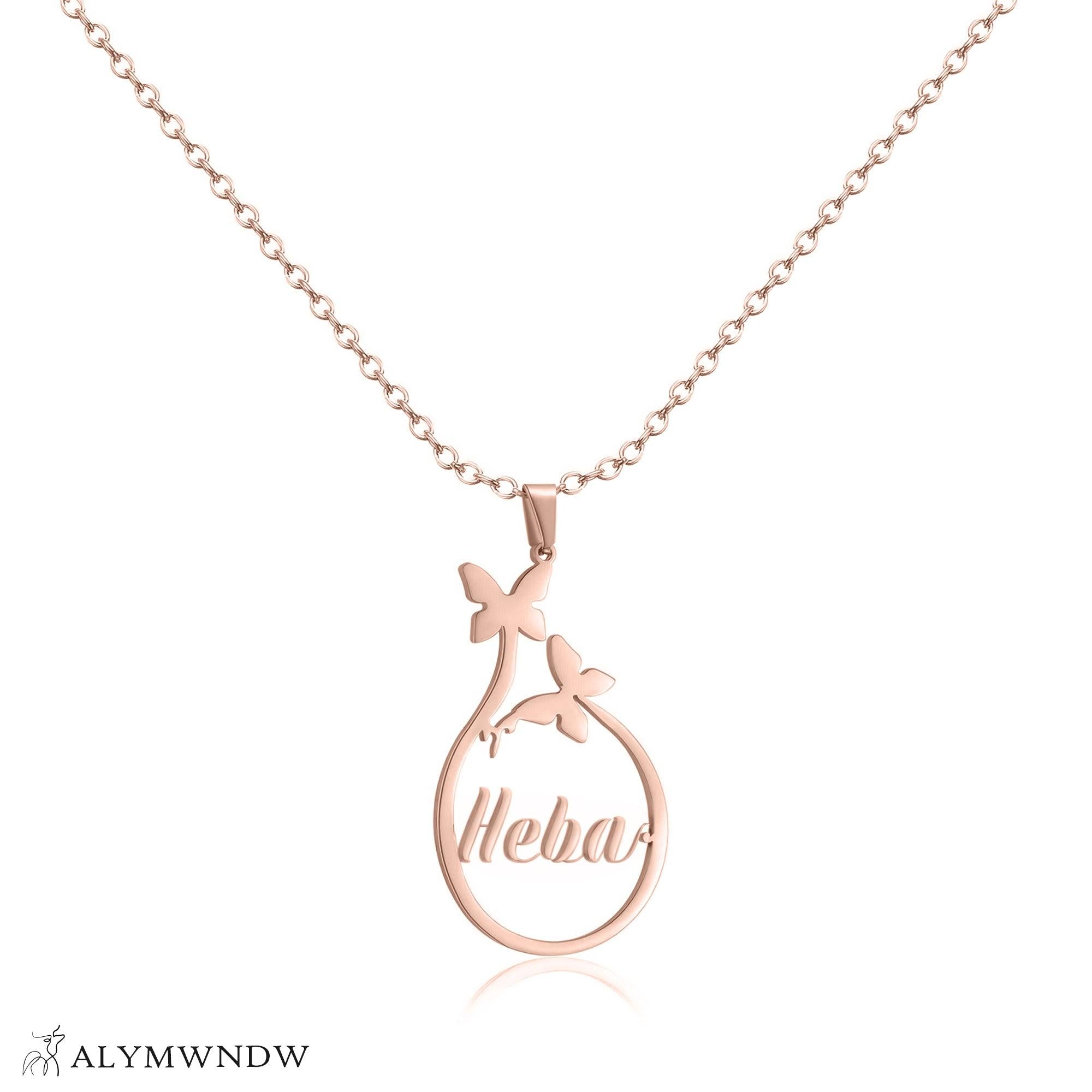 Custom Name Necklace with Circle Pendant & Butterfly – Personalized Gold Jewelry - Alymwndw