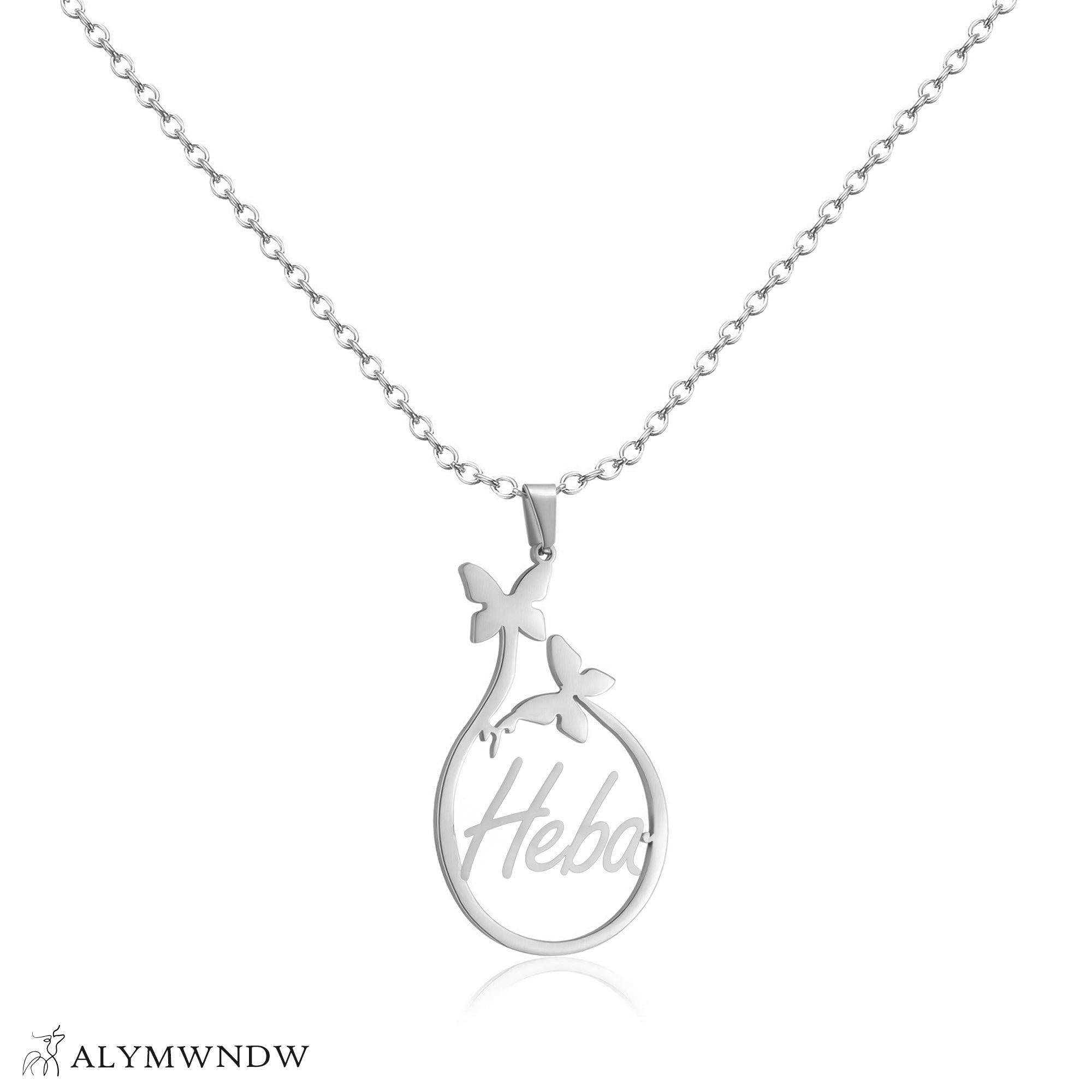 Custom Name Necklace with Circle Pendant & Butterfly – Personalized Gold Jewelry - Alymwndw