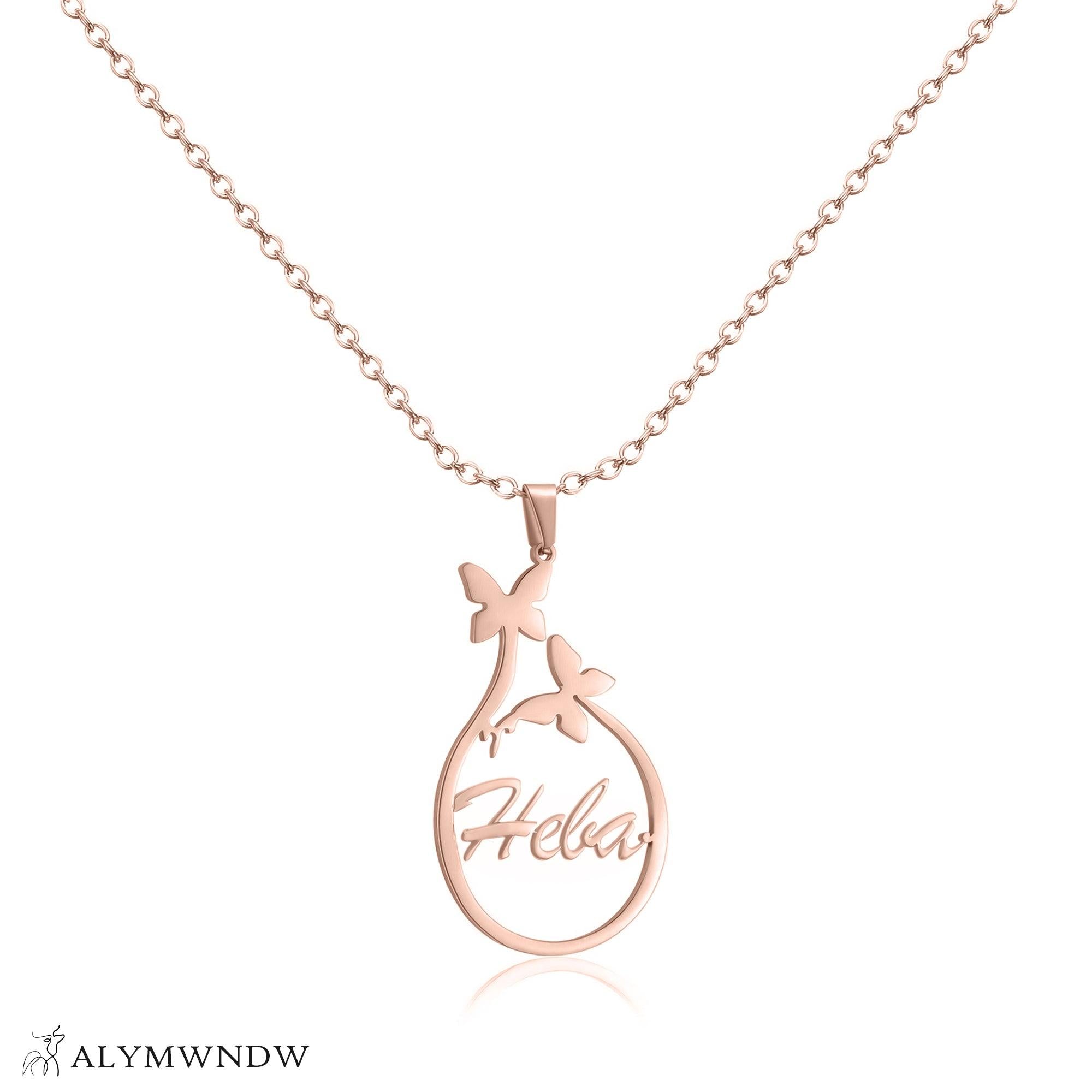 Custom Name Necklace with Circle Pendant & Butterfly – Personalized Gold Jewelry - Alymwndw